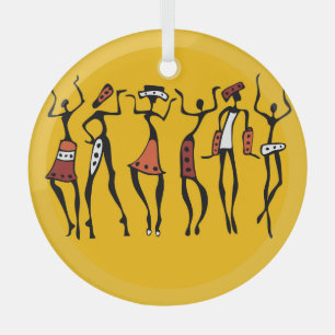 African Dancers, Ethnic Silhouette Vintage. Glass Ornament