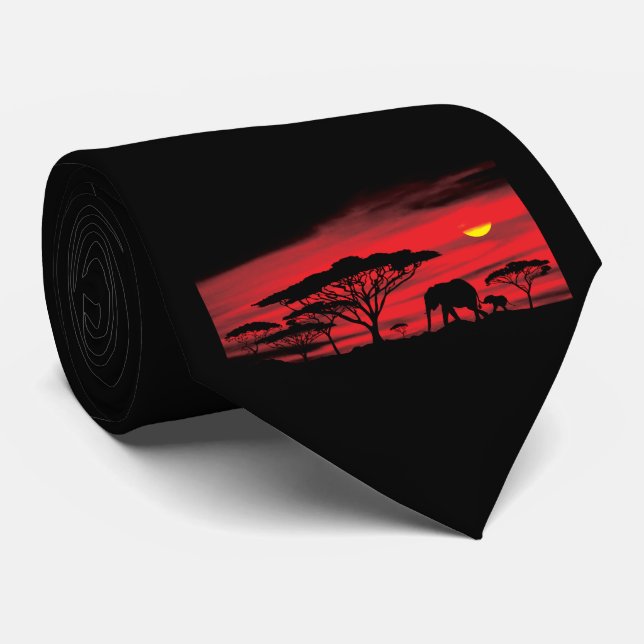 African Elephant and Baby with a Red Serengeti Sun Tie (Rolled)