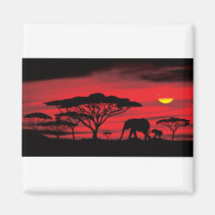 African Elephant and Baby with Red Sunset Magnet