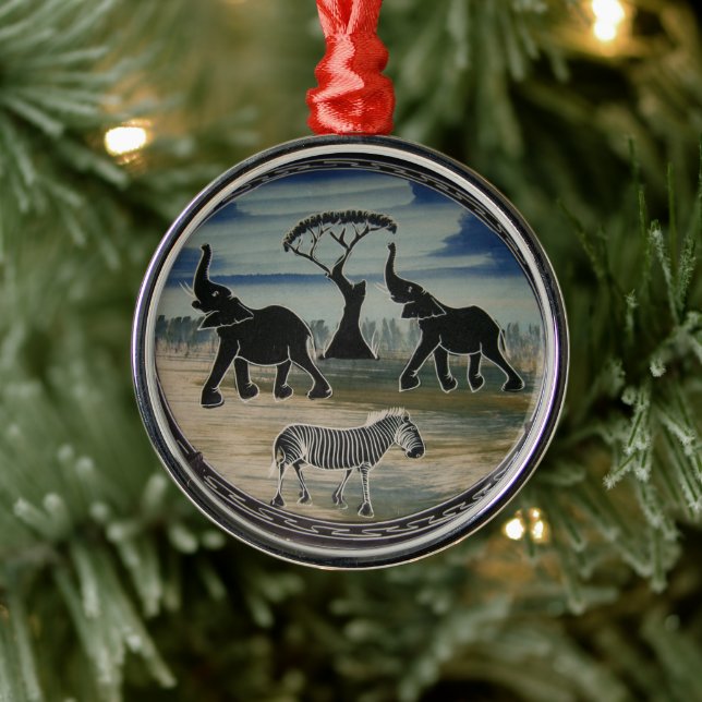 African Elephant Art Print Metal Ornament (Tree)