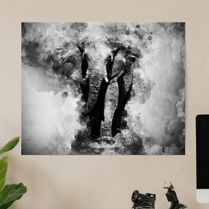 African Elephant Black and White Watercolor Poster