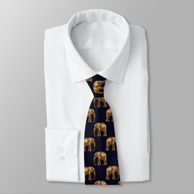 African Elephant Pattern on Navy Blue Tie (Tied)