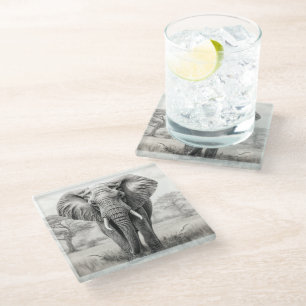 African Elephant Pencil Drawing Glass Coaster