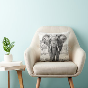 African Elephant Pencil Drawing Throw Pillow
