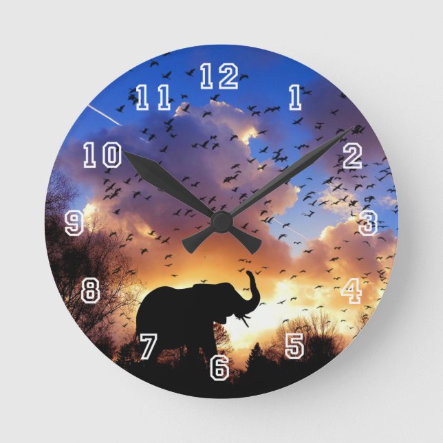 African Elephant Silhouette at Sunset Clock (Front)