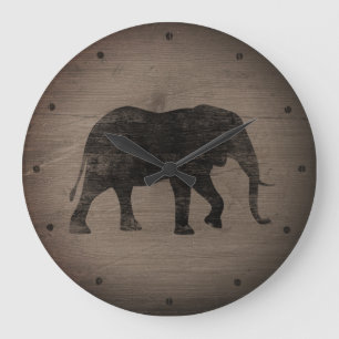 African Elephant Silhouette Rustic Style Large Clock