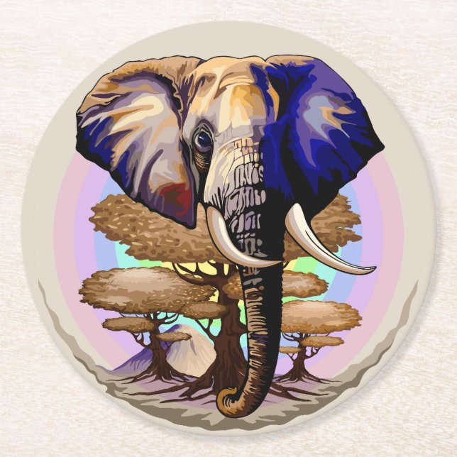 African Elephant Surreal Portrait  Round Paper Coaster (Front)