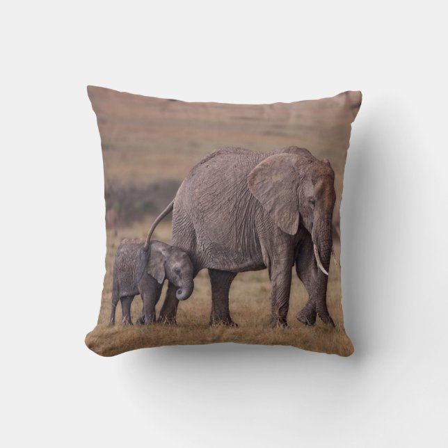 African Elephant with Baby Throw Pillow (Front)