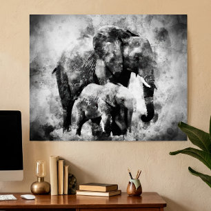 African Elephant with Calf Black and White Poster