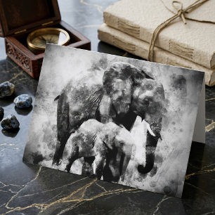 African Elephant with Calf Black and White Thank You Card