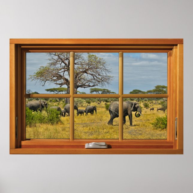 African Elephants 6 Pane Wooden Window Illusion Poster (Front)