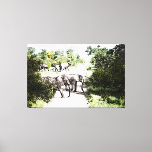 African Elephants Crossing The Road Canvas Print