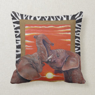 African Elephants in love sunset with Zebra Patten Throw Pillow