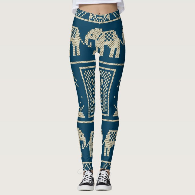 African elephants Trendy navy blue background Leggings (Front)