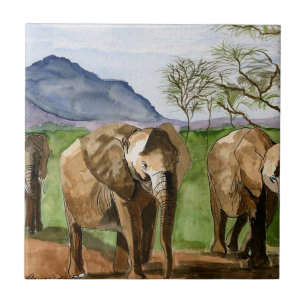 African Elephants Watercolor Painting Artwork Tile