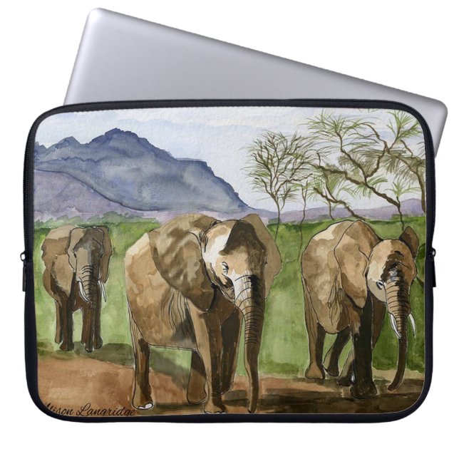 African Elephants Watercolor Painting Laptop Sleeve (Front)
