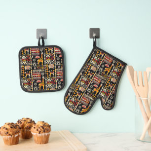 African ethnic traditional ornament, tribal patter oven mitt & pot holder set