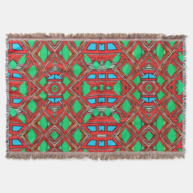 African Fabric Red Green Blue Pattern Design Throw Blanket (Front)