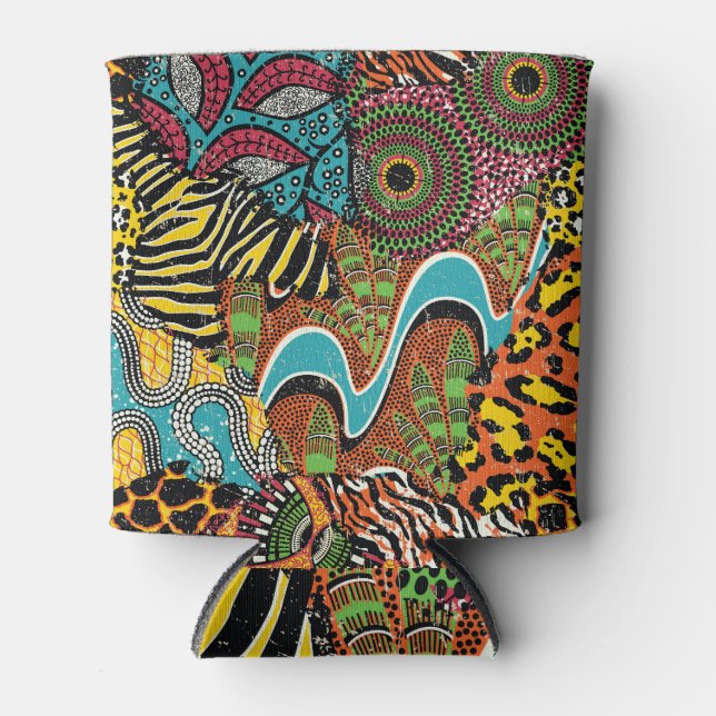 African Fabric: Wild Animal Patchwork. Can Cooler (Front)