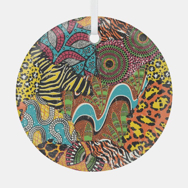 African Fabric: Wild Animal Patchwork. Glass Ornament (Front)