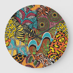 African Fabric: Wild Animal Patchwork. Large Clock