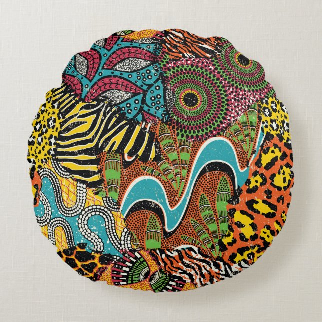 African Fabric: Wild Animal Patchwork. Round Pillow (Front)