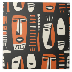 African Faces Orange, Black Ceramic Tile