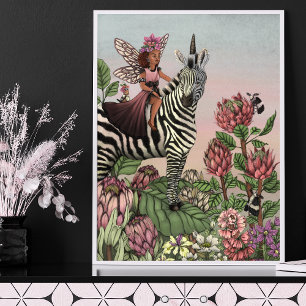 African Fairy and Zebra Unicorn Floral Safari Art Poster