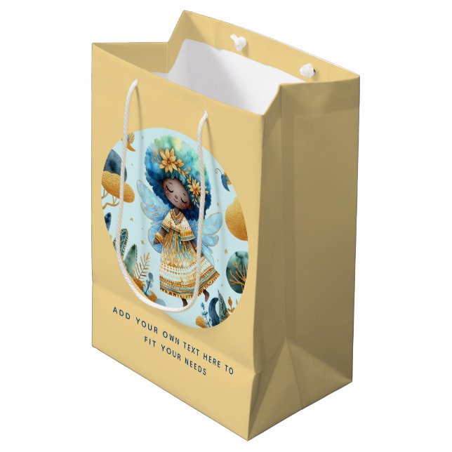 African Fairy Birthday Teal Gold Pink Princess Medium Gift Bag (Front Angled)