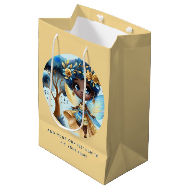 African Fairy Birthday Teal Gold Pink Princess Medium Gift Bag (Front Angled)