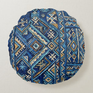African Geometric Impasto Painting Print Kuba Am Round Pillow