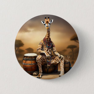 African Giraffe Bongo Drum Player, 2 Inch Round Button