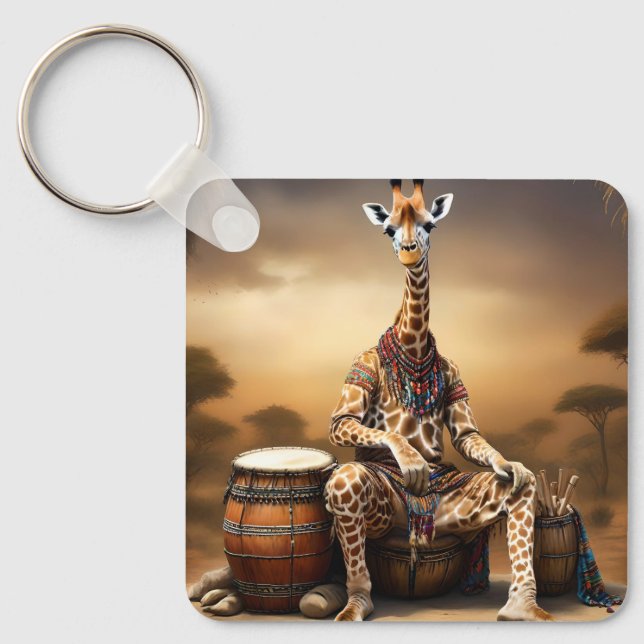 African Giraffe Bongo Drum Player, Keychain (Front)