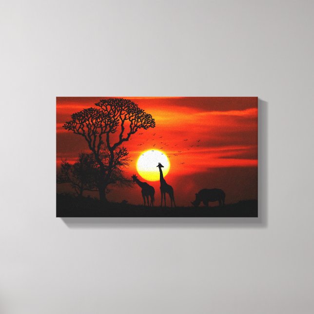 African Giraffe Safari Sunset Canvas Painting Print (Front)