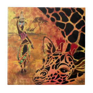 African Girl and Giraffe Ceramic Tile
