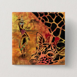 African Girl and Giraffe - Friends - Art Drawing - 2 Inch Square Button