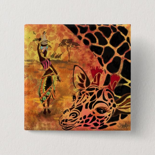 African Girl and Giraffe - Friends - Art Drawing - 2 Inch Square Button (Front)