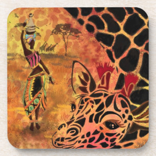 African Girl and Giraffe - Friends - Art Drawing - Coaster