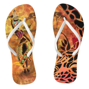 African Girl and Giraffe - Friends - Art Drawing  Flip Flops