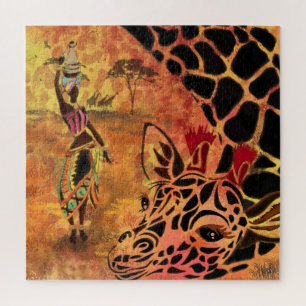 African Girl and Giraffe - Friends - Art Drawing Jigsaw Puzzle