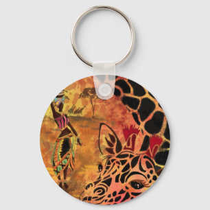 African Girl and Giraffe - Friends - Art Drawing - Keychain