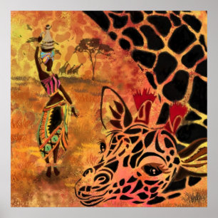 African Girl and Giraffe - Friends - Art Drawing - Poster