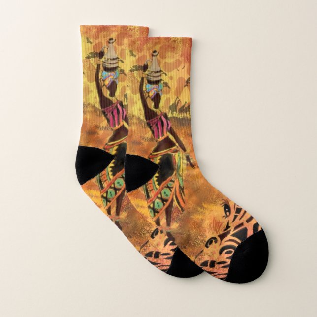African Girl and Giraffe - Friends - Art Drawing - Socks (Pair)