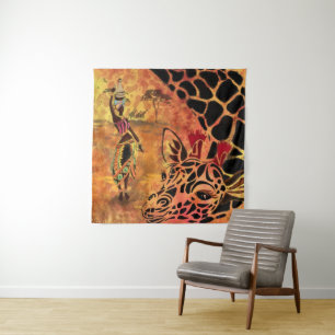 African Girl and Giraffe - Friends - Art Drawing - Tapestry
