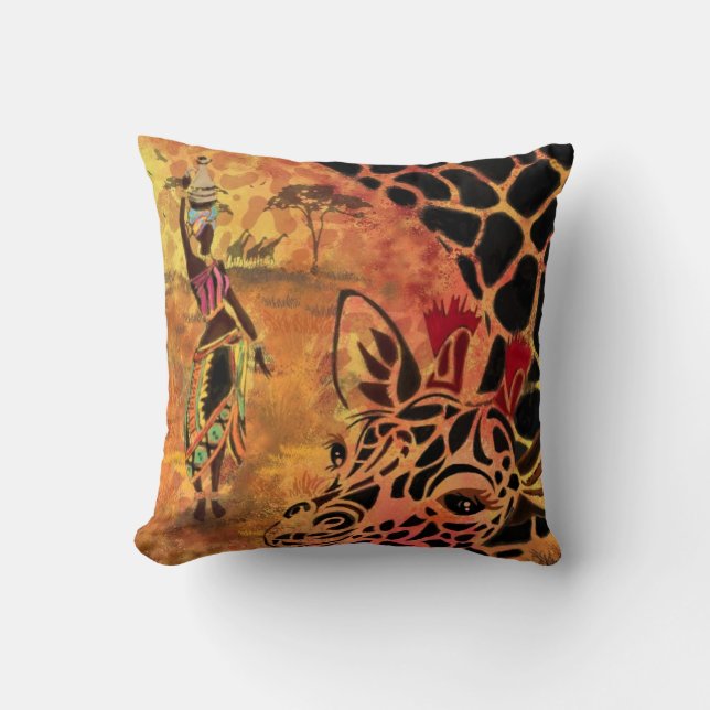 African Girl and Giraffe - Friends - Art Drawing - Throw Pillow (Front)