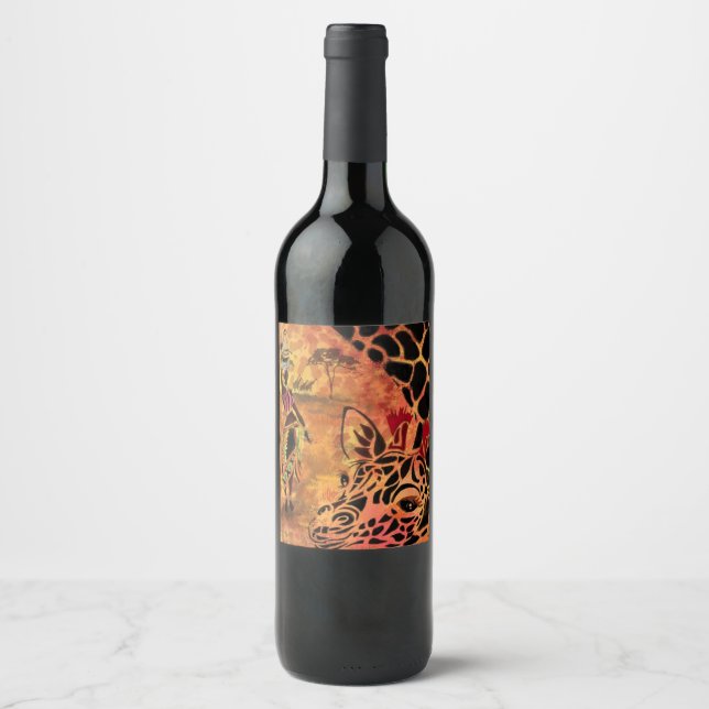 African Girl and Giraffe - Friends - Art Drawing - Wine Label (Front)