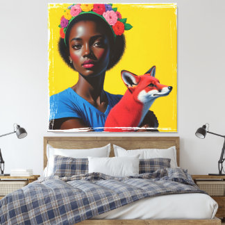 African girl & fox Portrait  Canvas Print