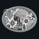 African Girl Portrait Tribal Tattoo Belt Buckle<br><div class="desc">Beautiful African Girl Portrait with Ethnic Wax Tissue Hair Style,  created on Black and White Tribal Tattoo Style. Original Vector Illustration Copyright BluedarkArt TheChameleonArt.</div>