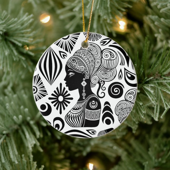 African Girl Portrait Tribal Tattoo Ceramic Ornament (Tree)