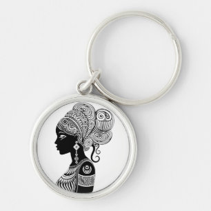 African Girl Portrait Tribal Tattoo Keychain
